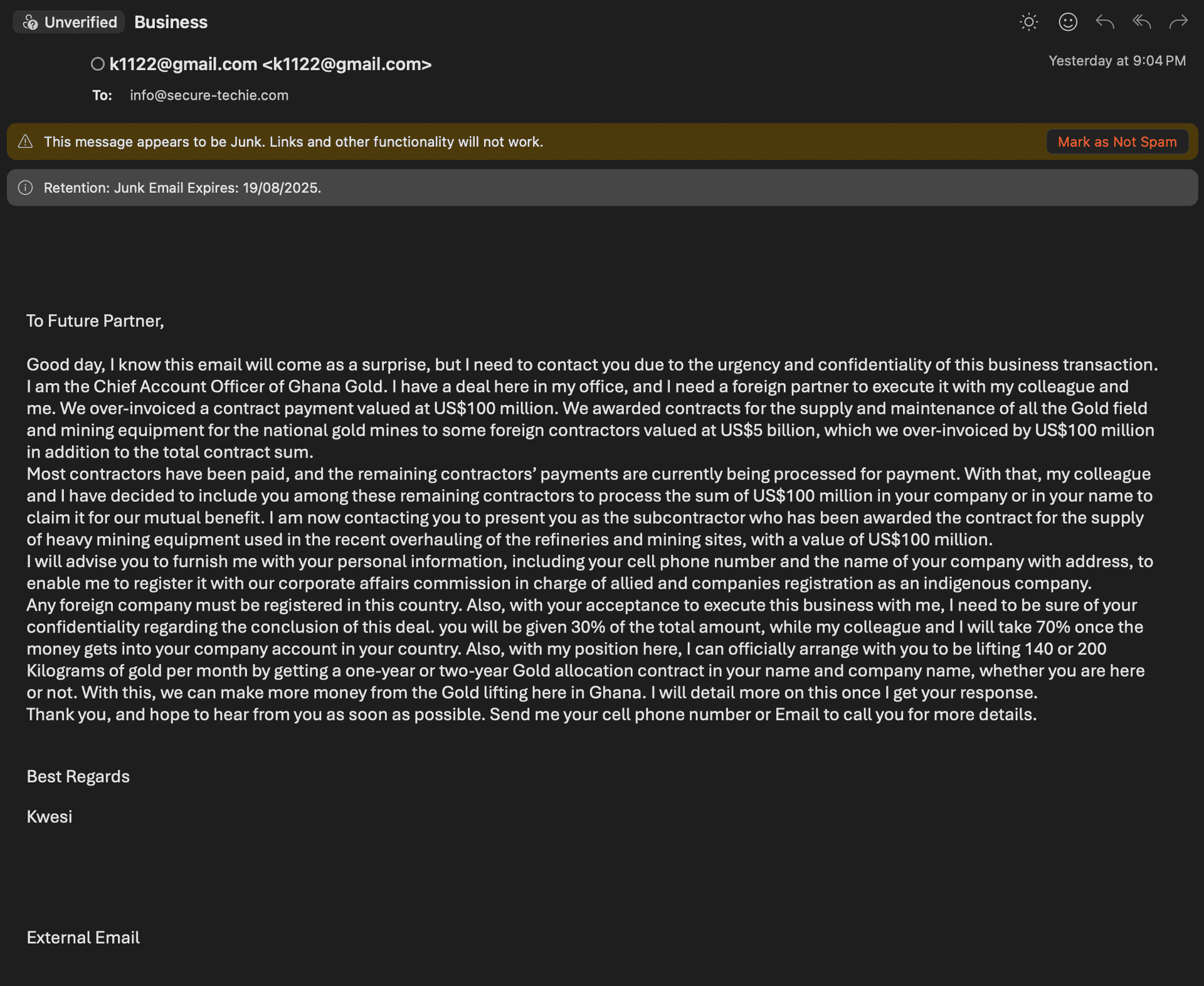 Fraud email about Ghana gold mining contract